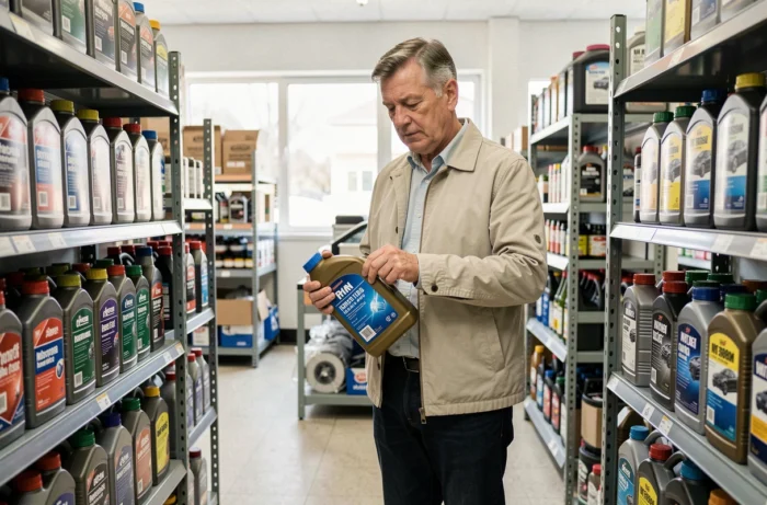 Homme choisissant des produits d'entretien automobile dans un magasin de pièces auto