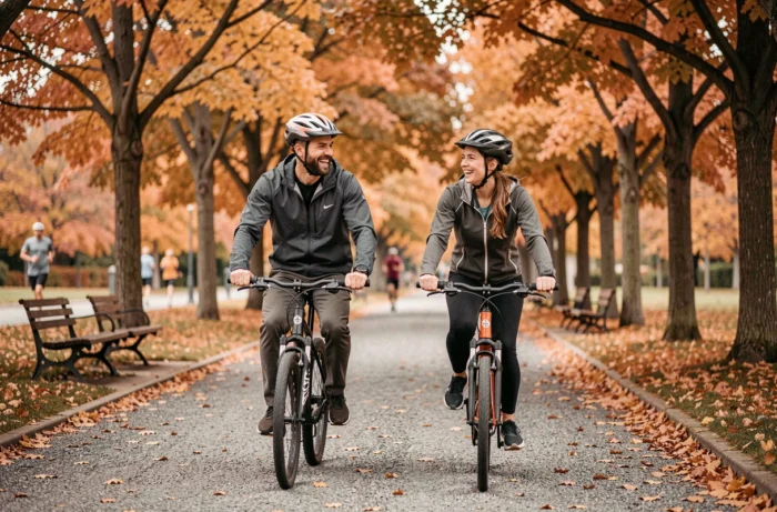Deux amis faisant du vélo ensemble dans un parc en automne pour profiter de leur temps libre