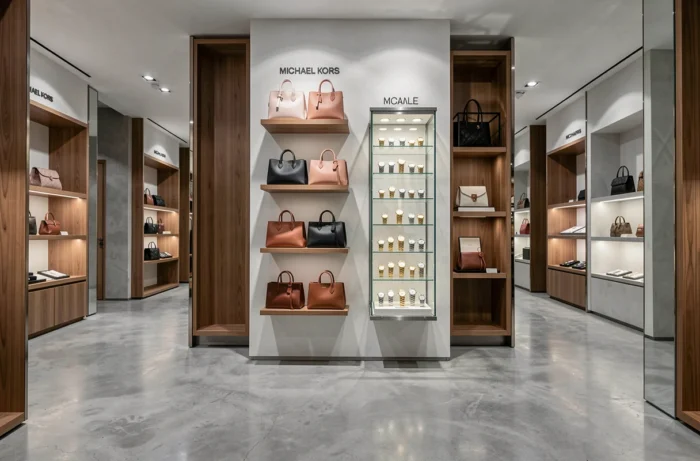 Intérieur d'une boutique Michael Kors avec présentoirs de sacs en cuir colorés et vitrine de montres dorées sur étagères en bois