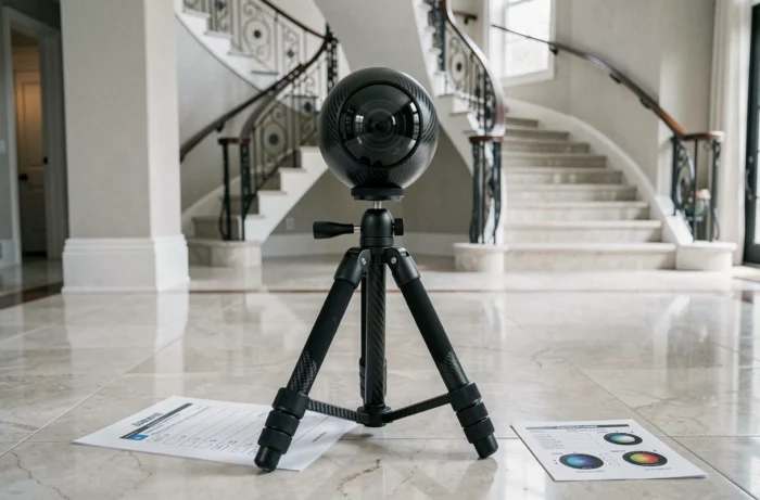 Appareil photo 360 degrés sur trépied carbone positionné dans le hall d'entrée luxueux d'une propriété immobilière pour une visite virtuelle professionnelle