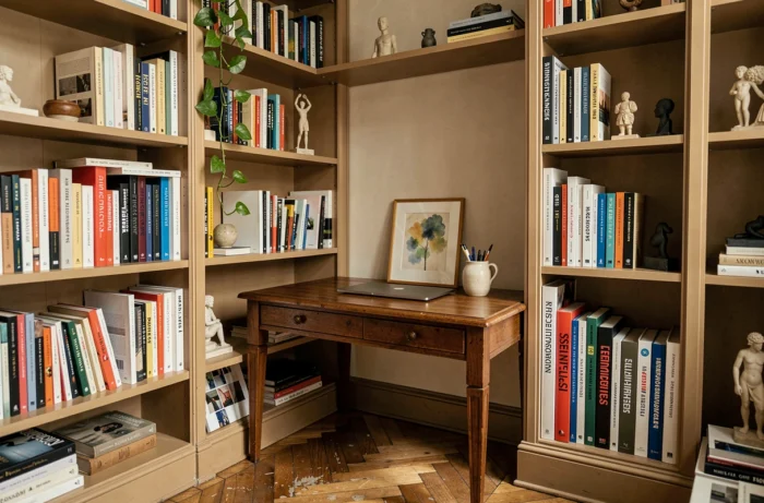Coin bureau à domicile dans un appartement haussmannien avec bibliothèques intégrées, parquet patiné et plante verte, pour un intérieur inspirant et personnalisé