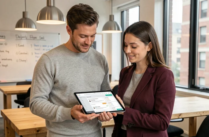 Deux collègues examinant ensemble des offres d'emploi sur une tablette dans un espace de coworking moderne