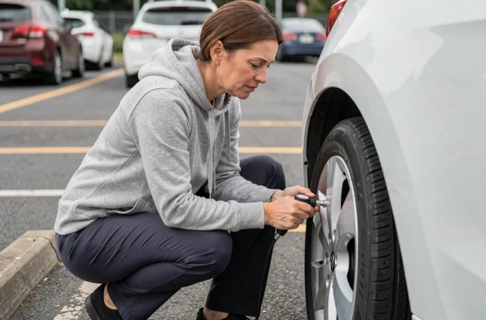 Femme vérifiant la pression des pneus de sa voiture dans un parking urbain avec un manomètre