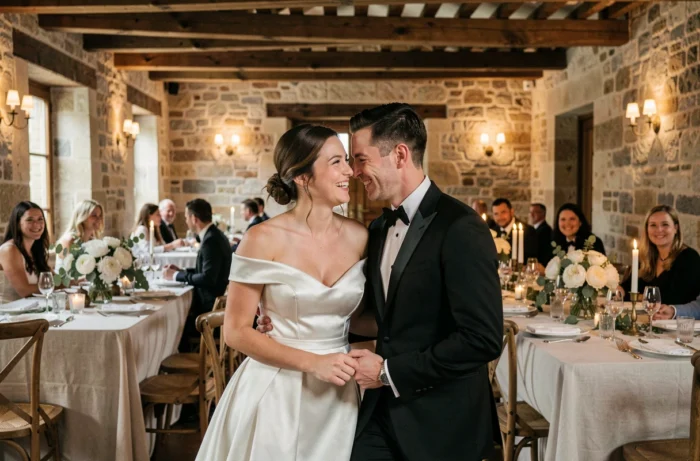 Couple de mariés riant lors de la réception dans un domaine de campagne française au décor élégant