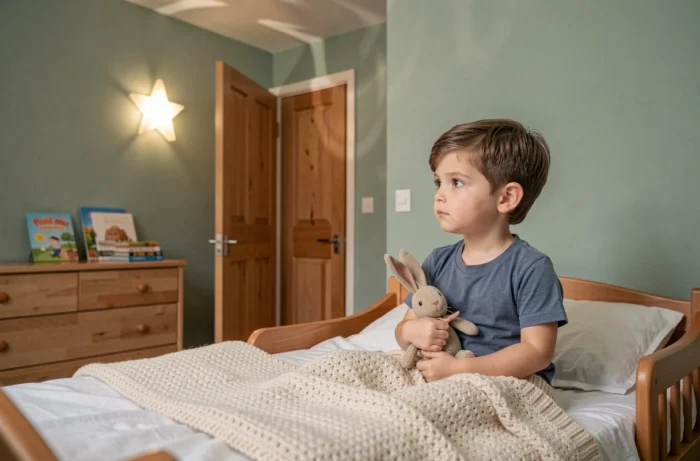 Jeune enfant assis dans son lit regardant la porte fermée de sa chambre la nuit avec une veilleuse