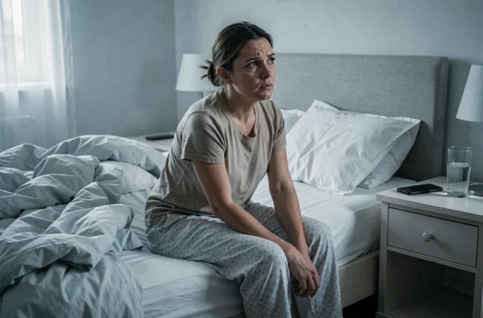 Mère assise au bord d'un lit défait avec un regard vide, symptôme d'épuisement parental et de burn-out maternel