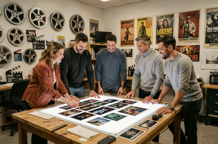 Équipe de professionnels du cinéma indépendant en réunion créative autour de storyboards dans un studio de production