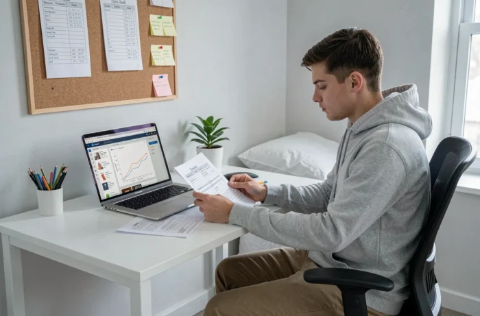 Étudiant révisant pour le concours Sésame à son bureau avec un ordinateur portable et des fiches de cours