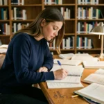 Étudiante préparant le concours Sésame dans une bibliothèque universitaire avec des livres et des notes de révision