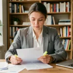 Femme analysant des offres d'emploi imprimées avec un surligneur dans un bureau à domicile moderne