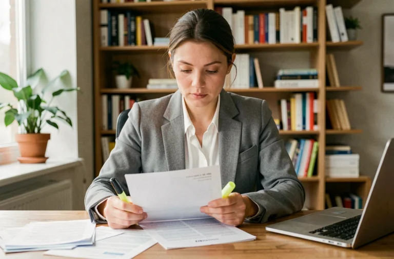 Femme analysant des offres d'emploi imprimées avec un surligneur dans un bureau à domicile moderne