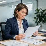 Femme professionnelle consultant un relevé de prélèvement assurance dans un bureau moderne