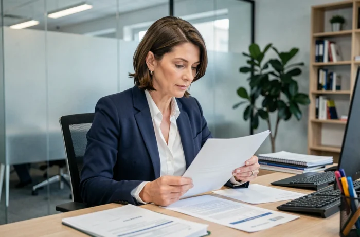 Femme professionnelle consultant un relevé de prélèvement assurance dans un bureau moderne