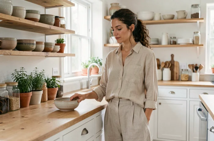 Femme contemplative dans une cuisine ouverte avec étagères en bois, céramiques artisanales et herbes aromatiques, illustration d'un intérieur qui lui ressemble
