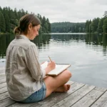Femme dessinant dans un carnet au bord d'un lac en pleine nature lors de ses loisirs