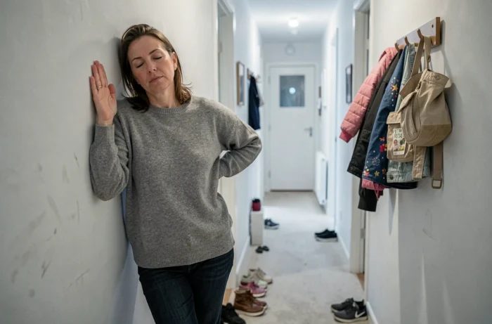 Femme fatiguée appuyée contre un mur de couloir familial, signe visuel du burn-out maternel