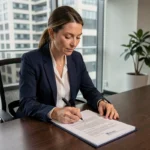 Femme juriste analysant un contrat du secteur privé en salle de réunion, illustrant l'article 1137 du Code civil sur les obligations contractuelles