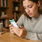 Jeune femme naviguant sur un site mobile dédié aux smartphones, cherchant des rubriques essentielles sur son téléphone à son bureau à domicile