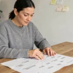 Femme consultant un plan de site imprimé avec arborescence de navigation sur un bureau en bois dans un bureau à domicile moderne