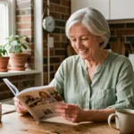 Femme senior souriante lisant un magazine dans une cuisine chaleureuse et lumineuse, illustrant les conseils de vie pour les retraités