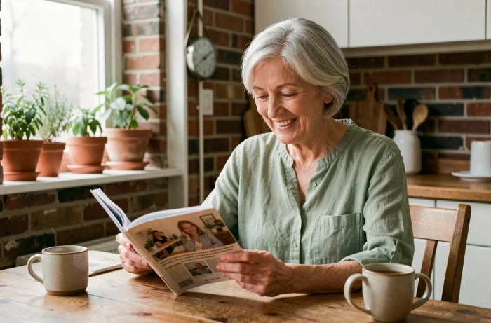 Femme senior souriante lisant un magazine dans une cuisine chaleureuse et lumineuse, illustrant les conseils de vie pour les retraités