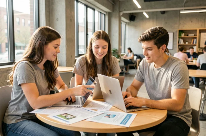 Groupe d'étudiants travaillant ensemble sur leur préparation au concours Sésame dans un espace de coworking