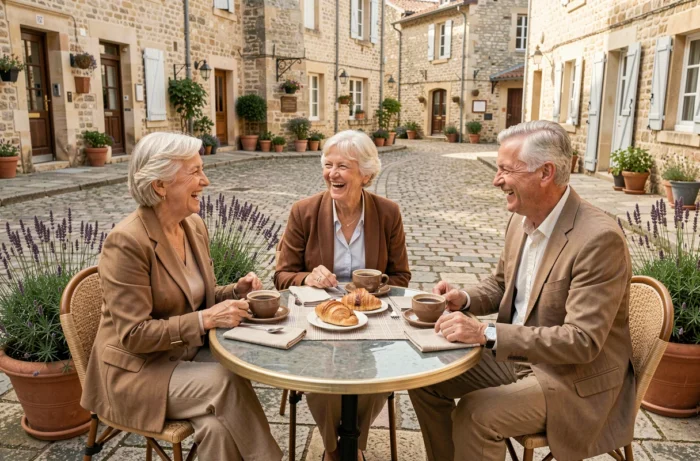 Groupe de seniors joyeux partageant un café en terrasse dans un village français, illustrant la convivialité et le bien-être à la retraite
