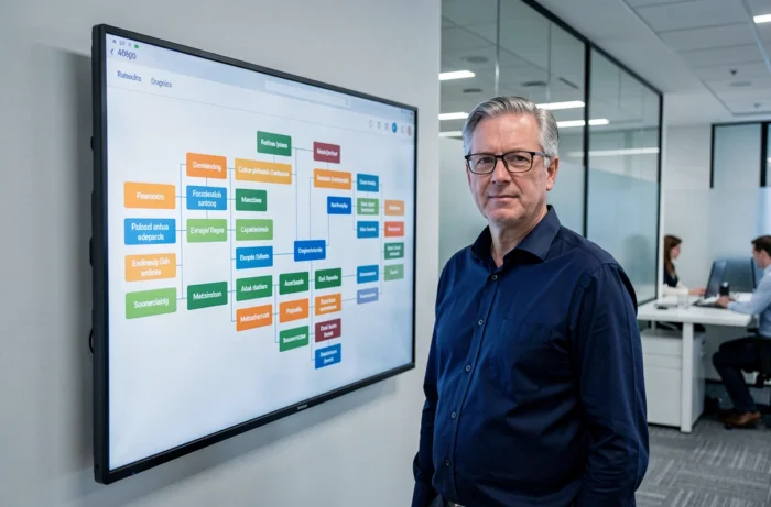 Homme d'affaires analysant une arborescence de site web sur un grand écran mural dans un bureau open space contemporain