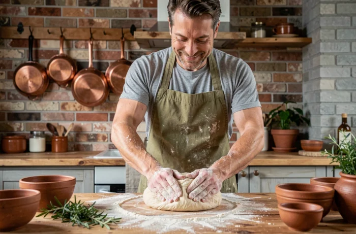 Homme faisant du pain maison dans sa cuisine rustique comme activité de loisir du week-end