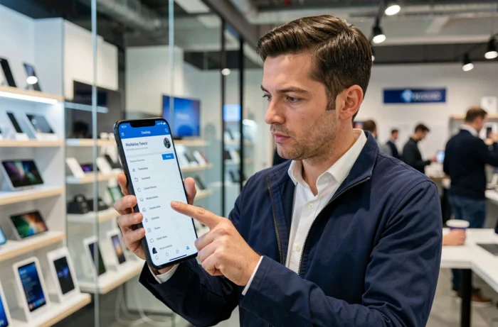 Homme consultant un site spécialisé en téléphonie mobile dans un espace tech moderne, naviguant dans les rubriques du menu sur son smartphone