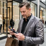 Homme en costume de marque mal ajusté devant une boutique de luxe, illustrant les signes révélateurs des faux riches