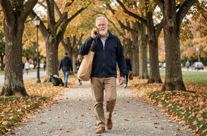 Homme senior actif se promenant dans un parc en automne avec son téléphone, symbolisant une retraite épanouie et connectée