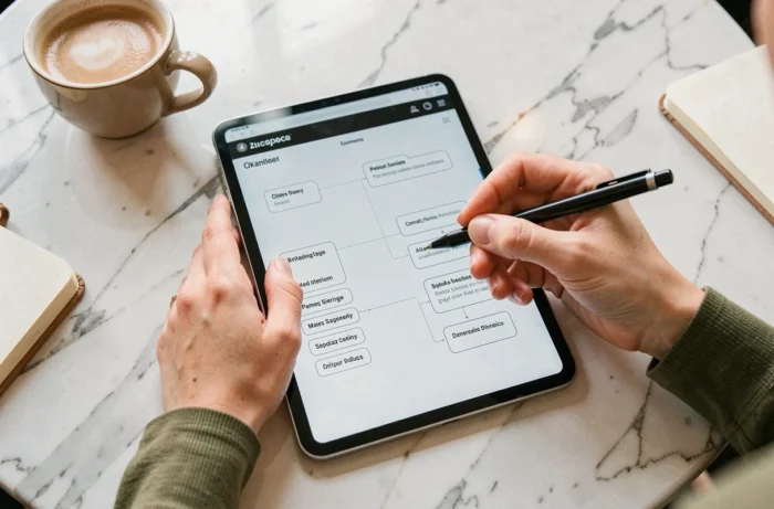 Mains féminines annotant un plan de site web sur tablette numérique dans un café avec surface en marbre