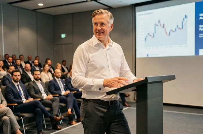 Homme d'affaires français prenant la parole lors d'une conférence industrielle, évoquant l'influence et la fortune de Marc Warnod dans l'industrie française