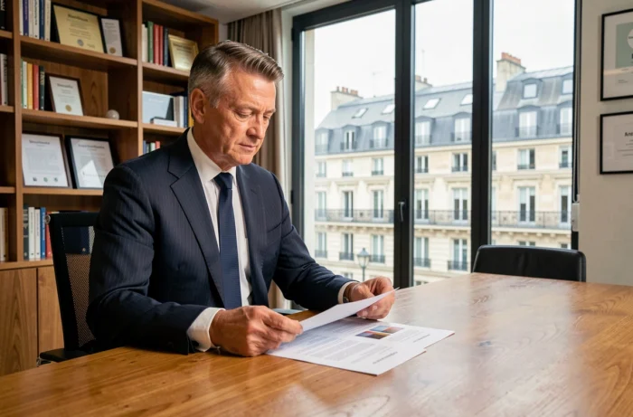 Portrait d'un dirigeant français influent dans son bureau exécutif parisien, illustrant le parcours professionnel de Marc Warnod