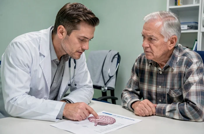 Médecin expliquant les signes d'un AIT à un patient âgé lors d'une consultation médicale