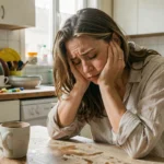 Mère épuisée la tête dans les mains à une table de cuisine encombrée, illustrant le burn-out parental