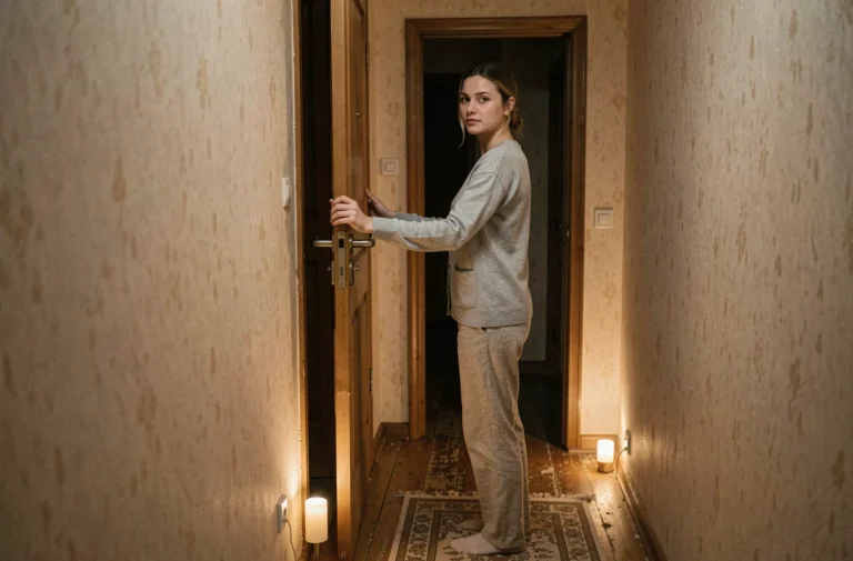 Mère fermant doucement la porte de la chambre de son enfant le soir dans un couloir chaleureux