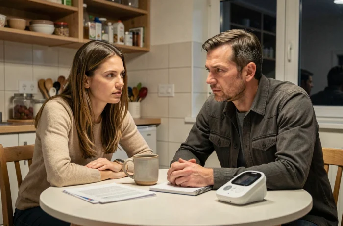 Deux parents discutant le soir à la table de cuisine avec un babyphone de la routine de sommeil de leur enfant