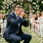 Photographe de mariage professionnel en action lors d'une cérémonie en plein air dans un jardin fleuri