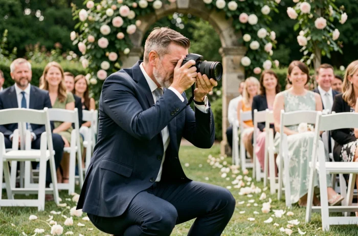 Photographe de mariage professionnel en action lors d'une cérémonie en plein air dans un jardin fleuri