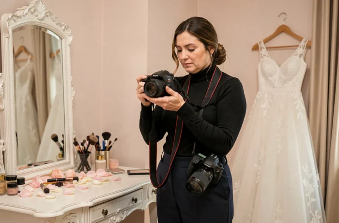 Photographe de mariage féminine consultant ses photos dans une chambre de préparation de la mariée