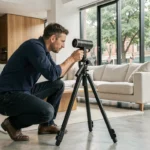 Photographe professionnel réglant un appareil photo 360 degrés sur trépied dans un salon moderne haut de gamme pour une visite virtuelle immobilière