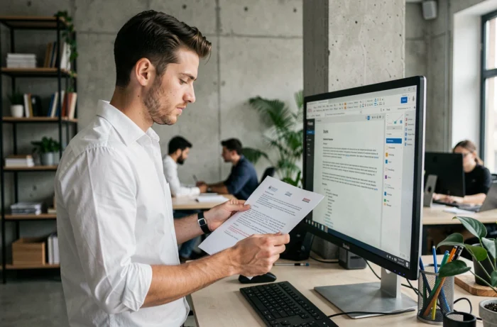 Jeune professionnel examinant un contrat numérique en open space, en référence aux implications pratiques de l'article 1137 du Code civil dans le secteur privé