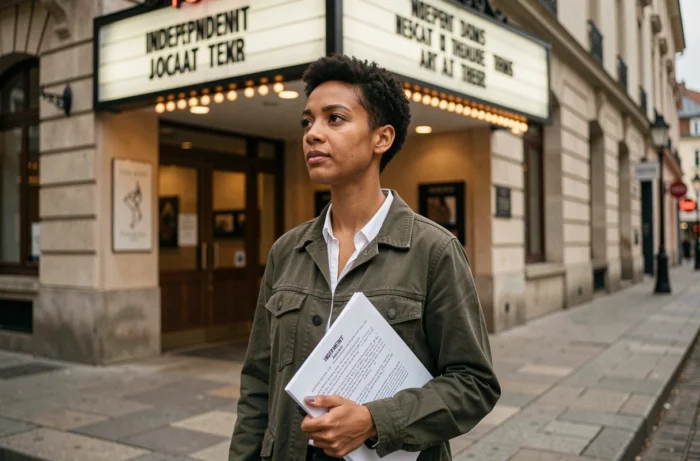 Réalisatrice de cinéma indépendant devant la façade d'une salle de cinéma art et essai en milieu urbain