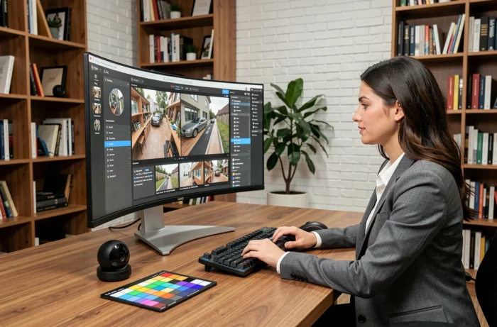 Femme professionnelle configurant un logiciel de visite virtuelle haut de gamme sur un écran incurvé dans un bureau moderne et élégant