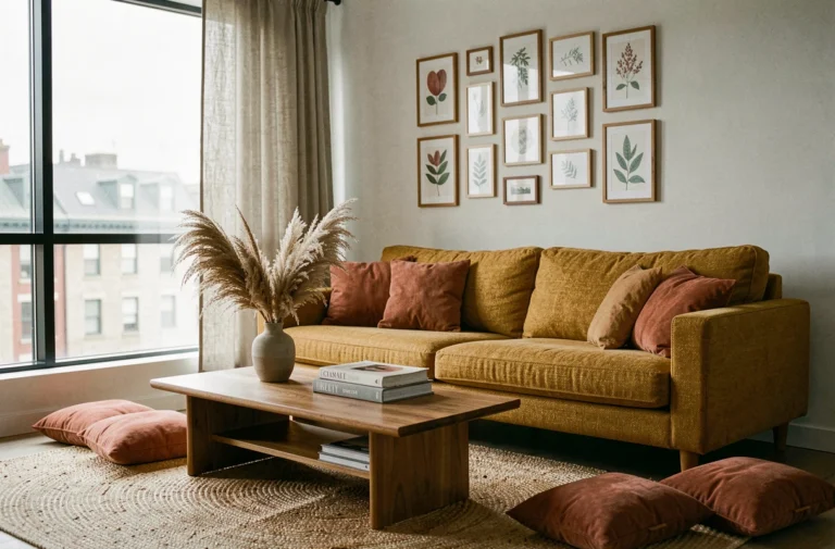 Salon cosy avec canapé en tissu ocre, tapis en jute, coussins terracotta et mur de cadres botaniques pour une décoration intérieure personnalisée