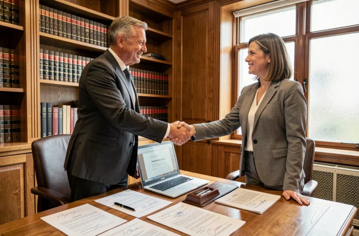 Deux professionnels signant un contrat dans un cabinet juridique, évoquant les effets concrets de l'article 1137 du Code civil sur les engagements contractuels privés