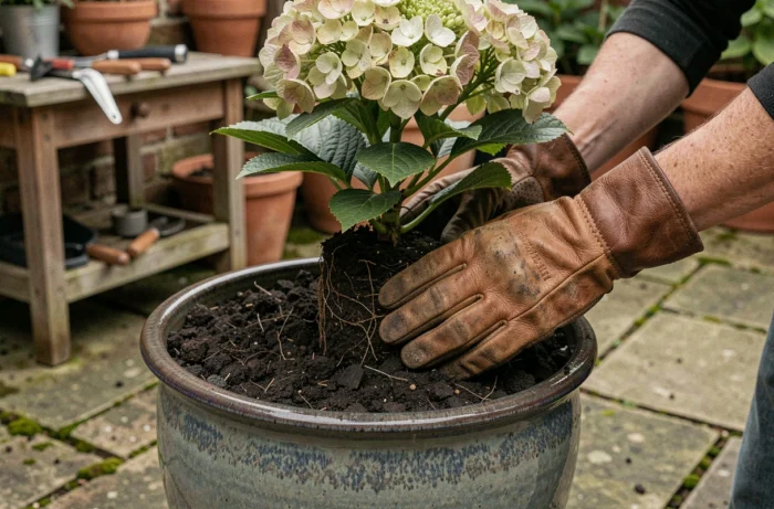 Gros plan de mains gantées pressant de la tourbe autour d'un hortensia en pot sur une terrasse en pierre
