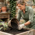 Femme jardinière étalant de la tourbe autour de plants de tomates dans un potager surélevé en bois